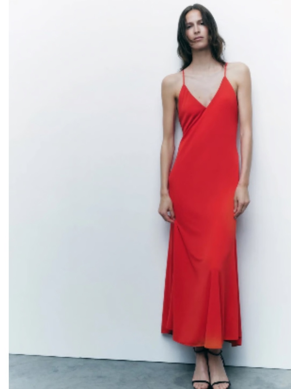 Zara Red Spaghetti-Strap Slip Maxi Dress open back